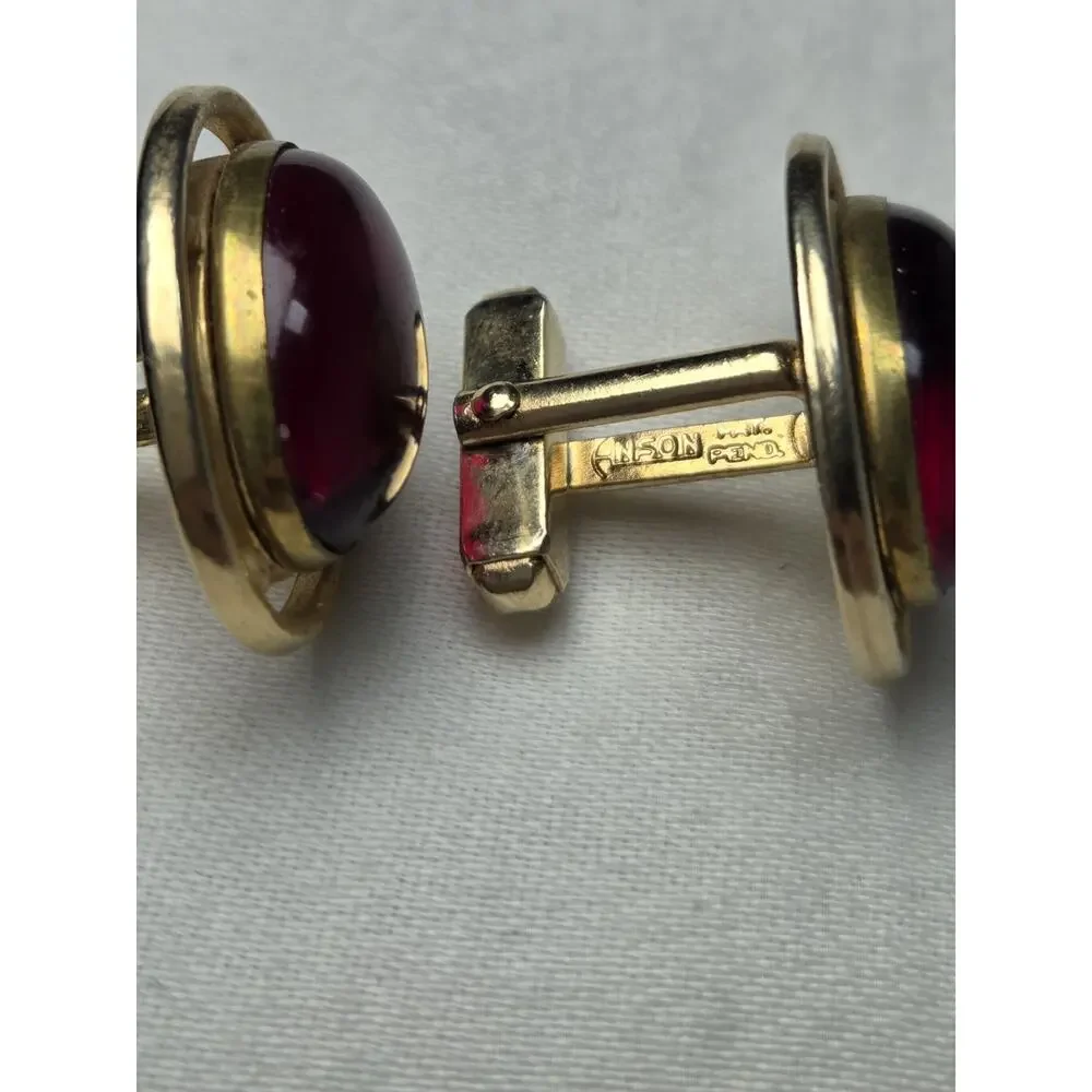 Anson Vintage Gold Tone‎ Red Cabochon Oval Bullet Back Cufflinks